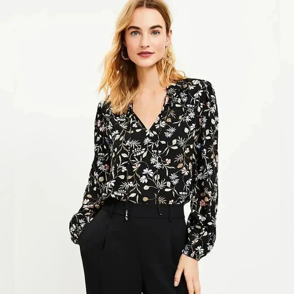 Loft Women’s XS Black Multicolored Floral Ruffle Tie Neck Blouse